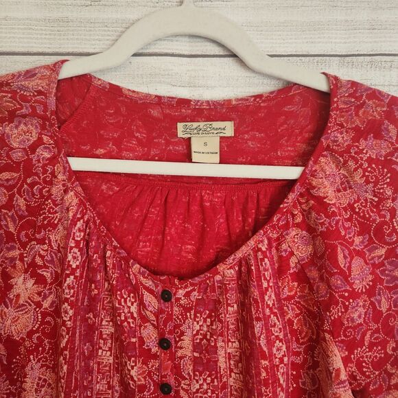 Lucky Brand S red Paisley Banana Y2K 90s Boho Peasant 3/4 sleeve top - Picture 3 of 7